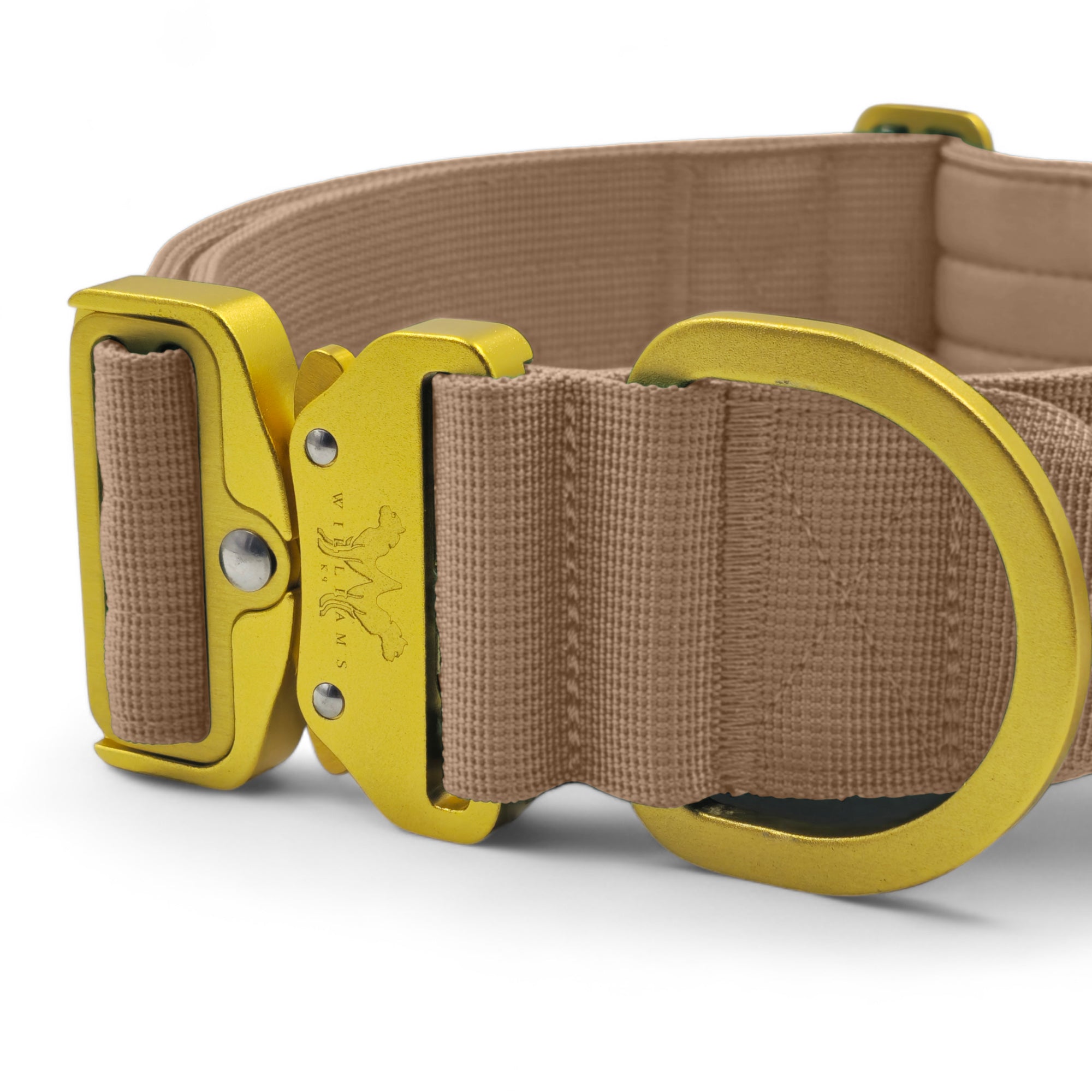 Light Tactical Collar 5CM Military Tan | Quad Stitched Nylon Lightweight Gold Aluminium Buckle + D Ring Adjustable Collar With Handle
