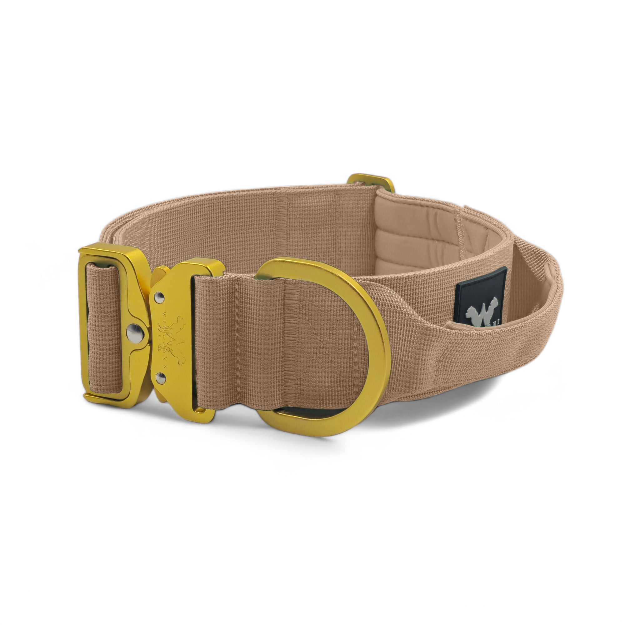 Light Tactical Collar 5CM Military Tan | Quad Stitched Nylon Lightweight Gold Aluminium Buckle + D Ring Adjustable Collar With Handle